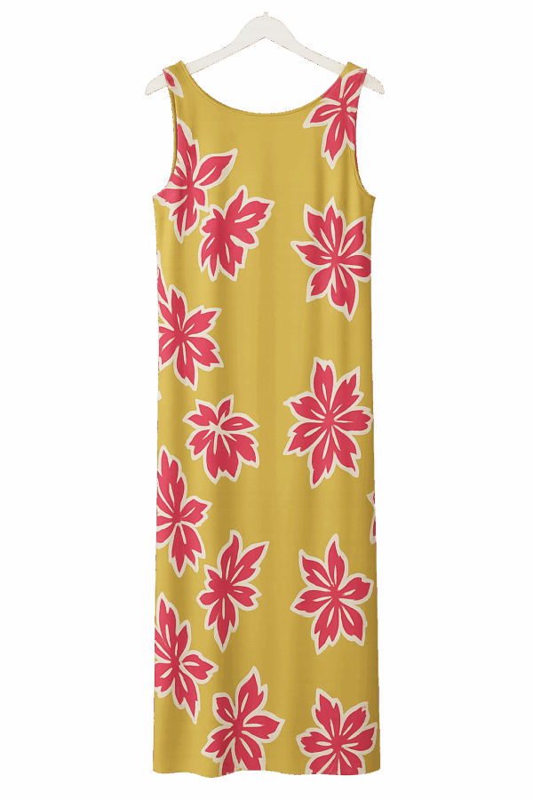 Vestido de verano amarillo con estampado floral de grandes hojas rojas de Arezzo. Ideal para ocasiones casuales y paseos veraniegos. Descubre más en nuestra tienda online de moda y complementos de mujer.