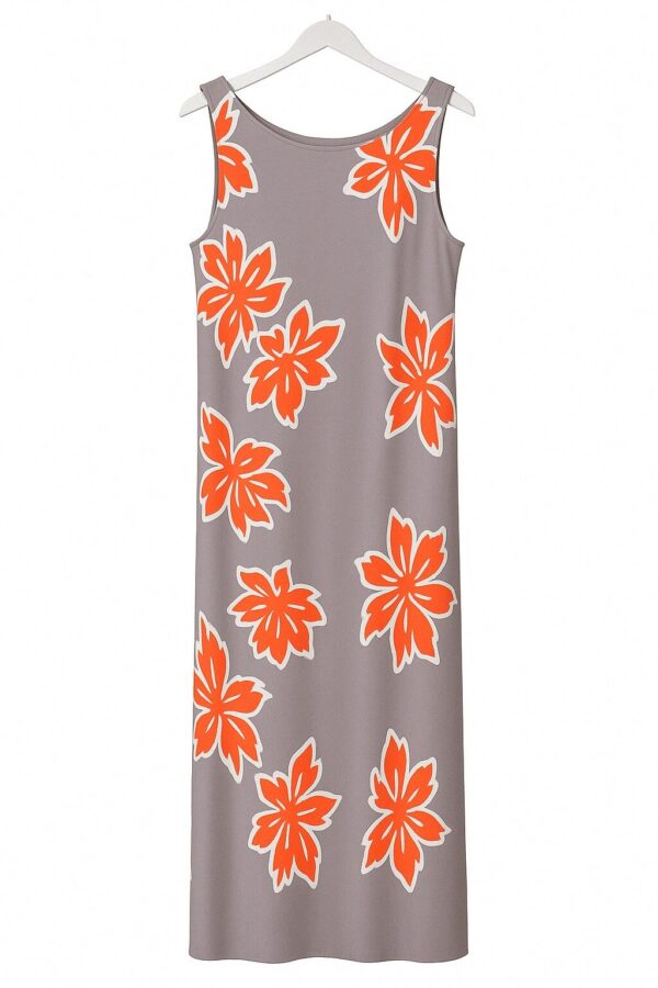Vestido midi sin mangas de Arezzo en tono gris con diseño floral en naranja. Ideal para un look moderno y fresco. Compra online.